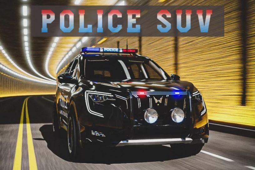Police-spec Mahindra XUV700 action shot in a tunnel 